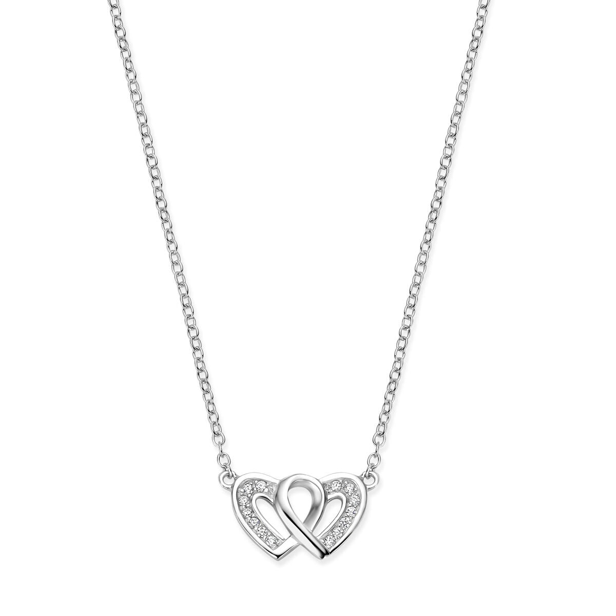 Zilveren collier van gerhodineerd 925 zilver met twee overlappende harten en zirkonia-steentjes.