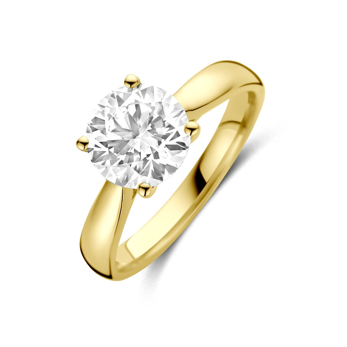 Geelgouden ring met een ronde 2.00ct lab grown diamant in een vierdelige zetting.