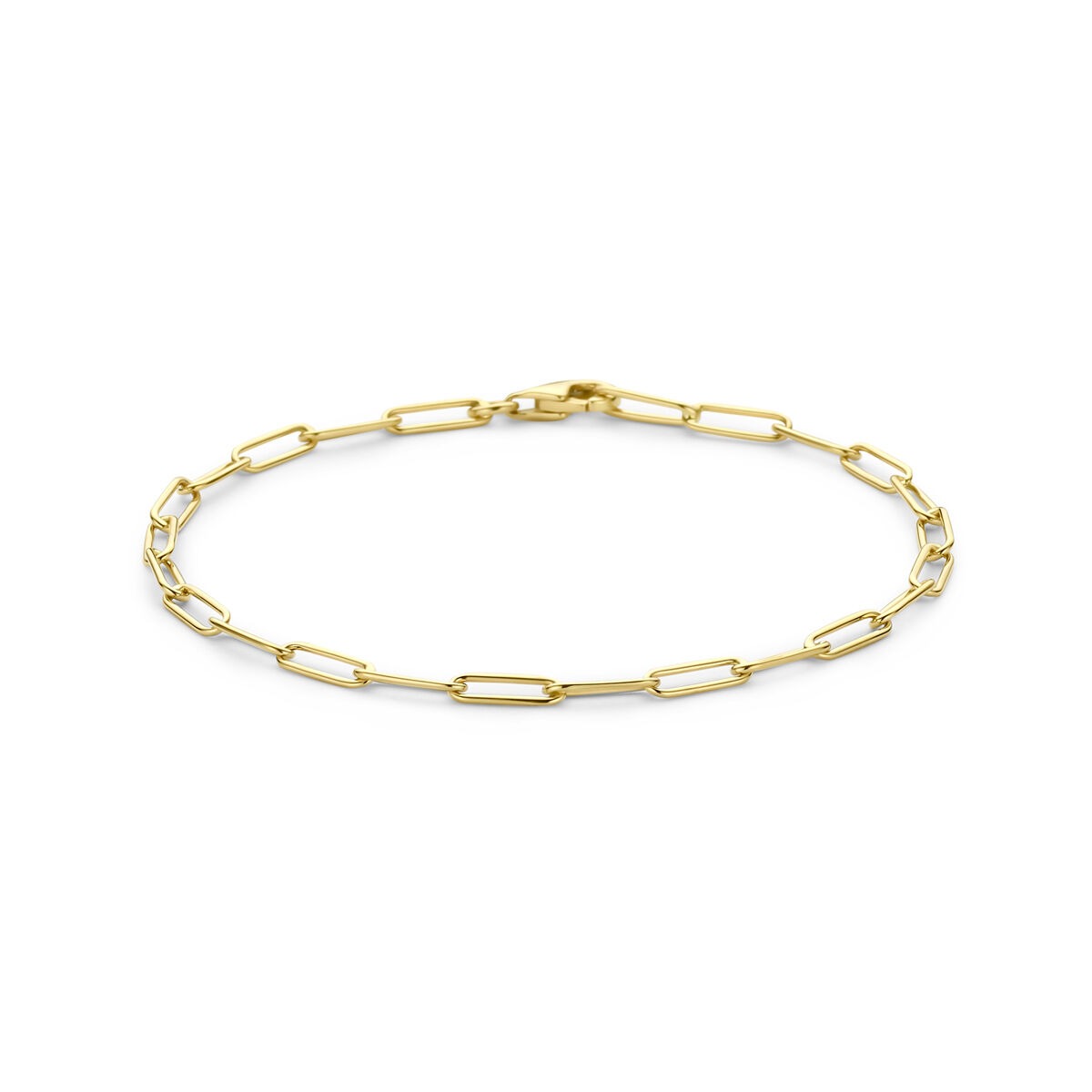 Geelgouden schakelarmband met ankerdesign en rechthoekige schakels.