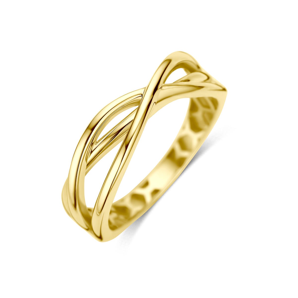 Geelgouden ring met een gedraaid ontwerp en een glanzende afwerking.