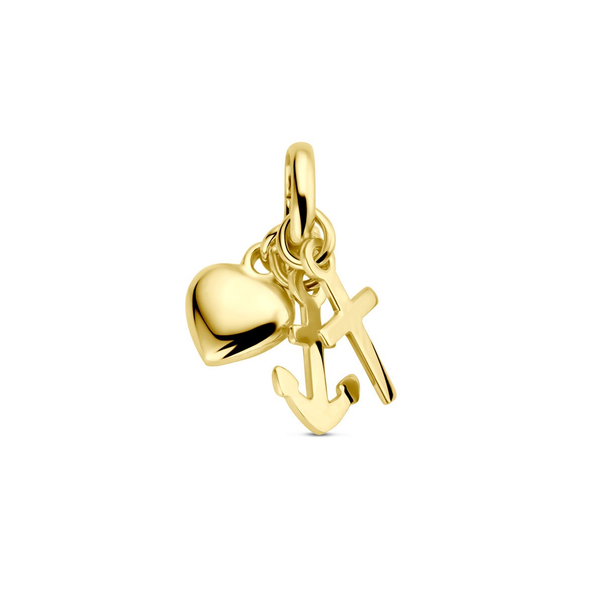 Geelgouden hanger met drie bedels: een hart, een kruis en een anker.