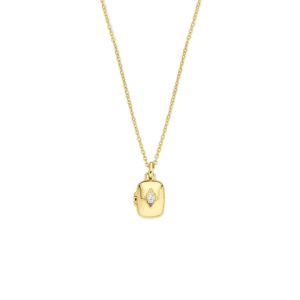Verguld zilveren collier met een medaillon en een zirkonia steentje, hangend aan een fijne ketting.