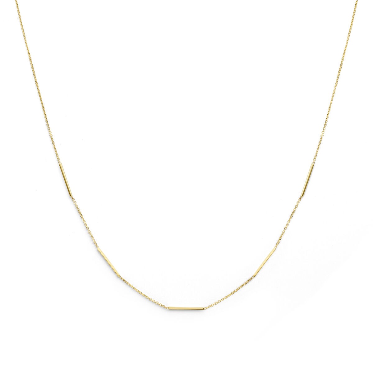 Geelgouden collier met buisjes in een verfijnde, minimalistische stijl.
