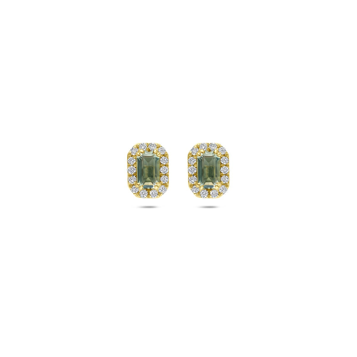 Geelgouden oorknoppen met groene amethist in een rechthoekige zetting, omringd door lab grown diamanten.