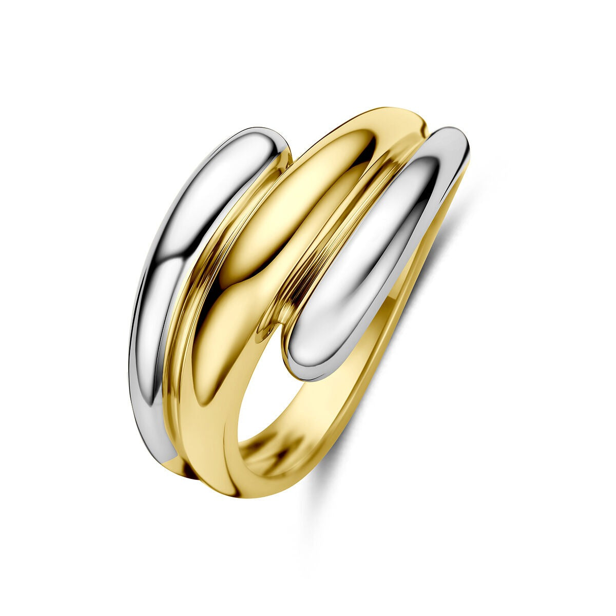 Bicolor ring van 14k geel- en witgoud met een vloeiende, moderne vorm.