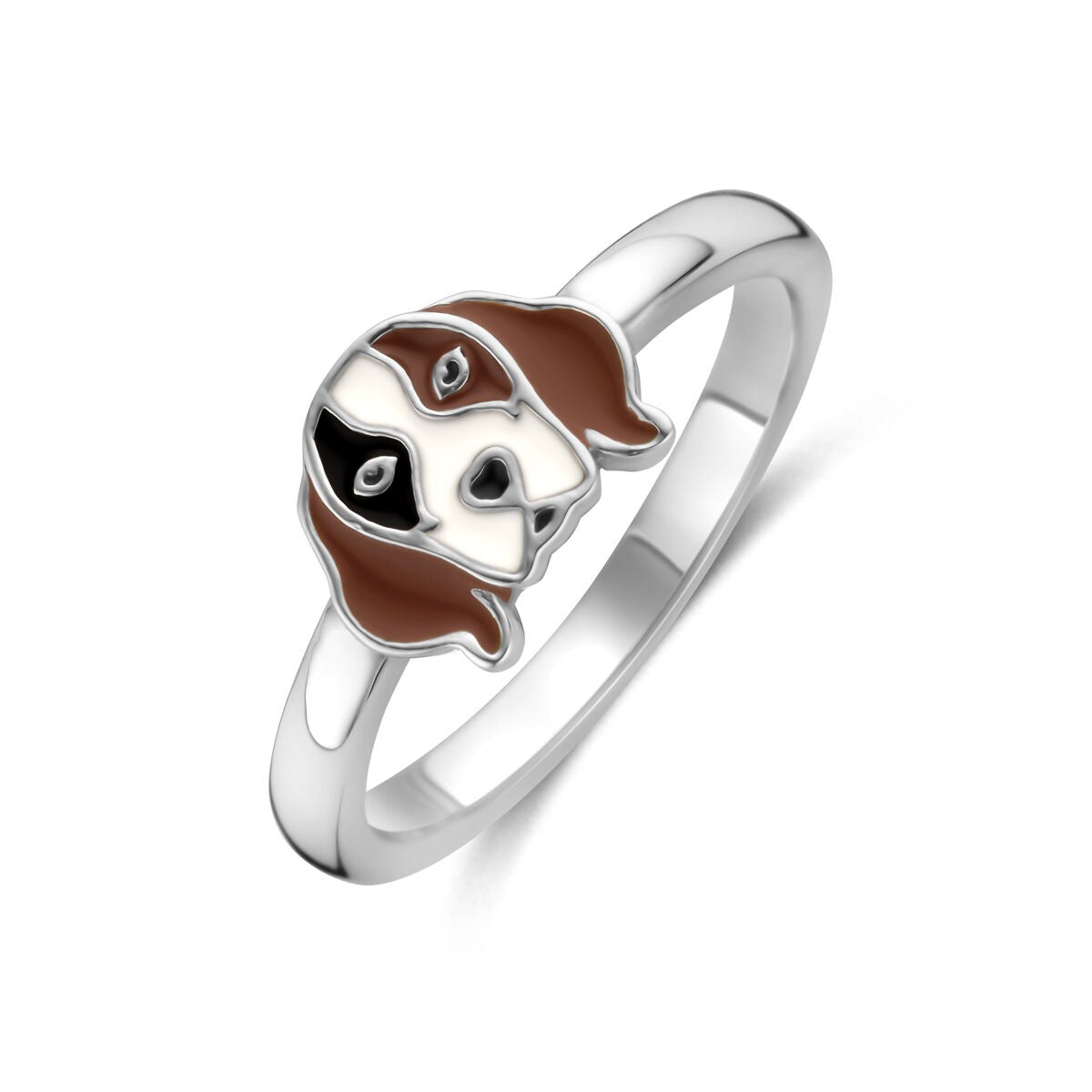 Zilveren kinder ring van gerhodineerd 925 zilver met een hondenkop als opvallend detail.