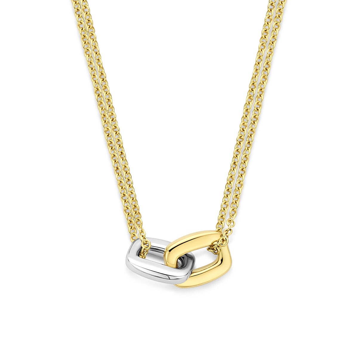 Bicolor gouden ketting met twee rechthoekige hangers, één in witgoud en één in geelgoud.