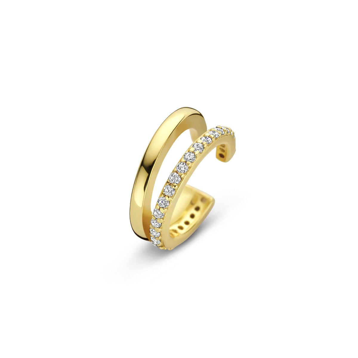 Verguld zilveren ear cuff met een rij van zirkonia steentjes en een gladde, glanzende afwerking.