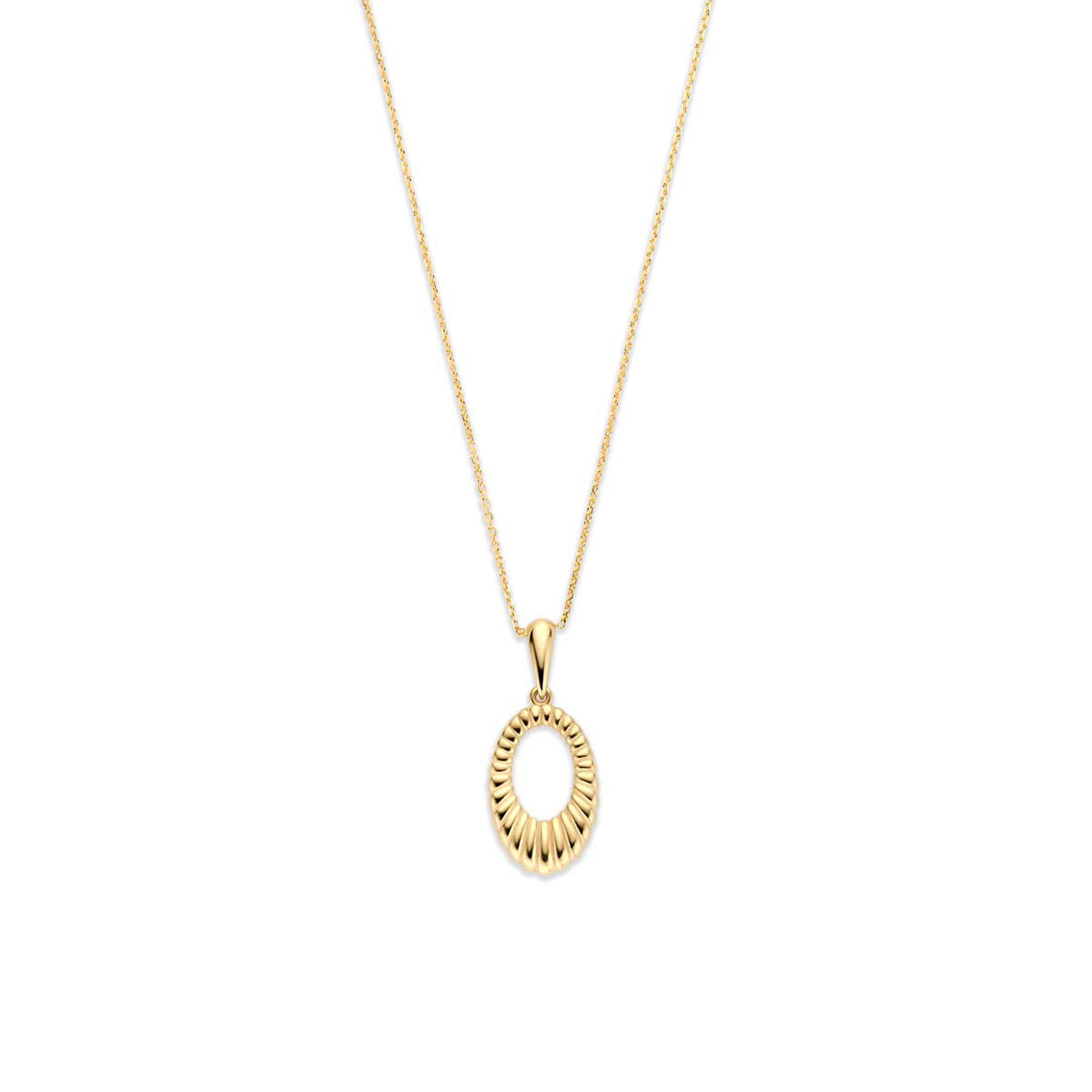 Geelgouden collier met een ovale hanger en een gegraveerd patroon.