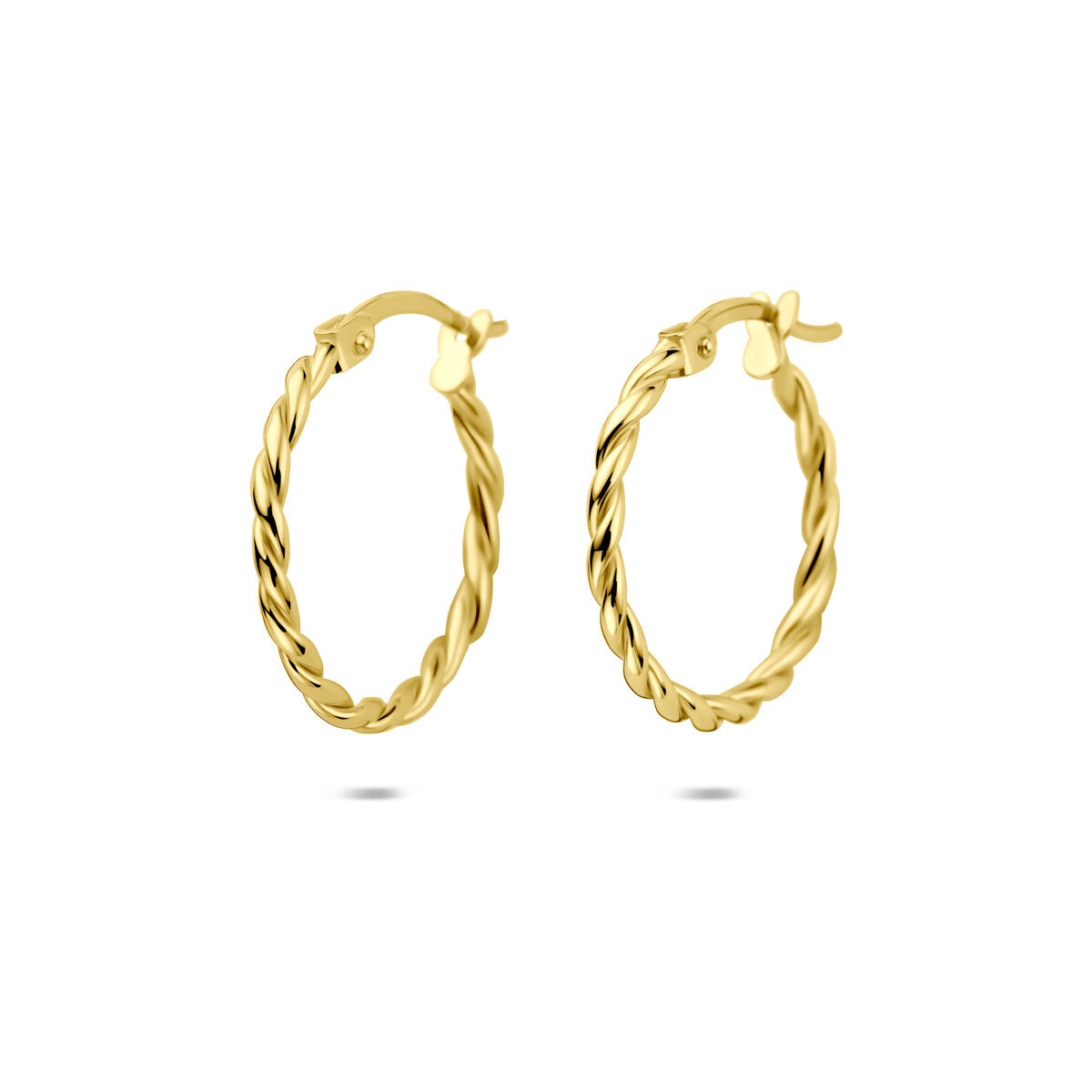 Gedraaide 14k geelgouden oorringen van 18 mm met een glanzende afwerking.