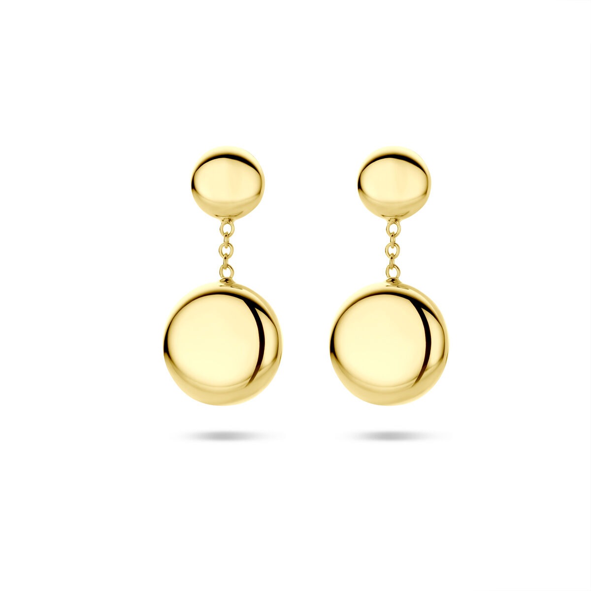 Geelgouden dames oorhangers met een ronde, hangende schijf en een kleinere bovenste schijf.