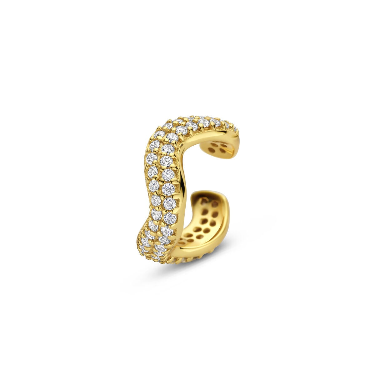 Verguld zilveren ear cuff met een golvende vorm, bezet met fonkelende zirkonia steentjes.