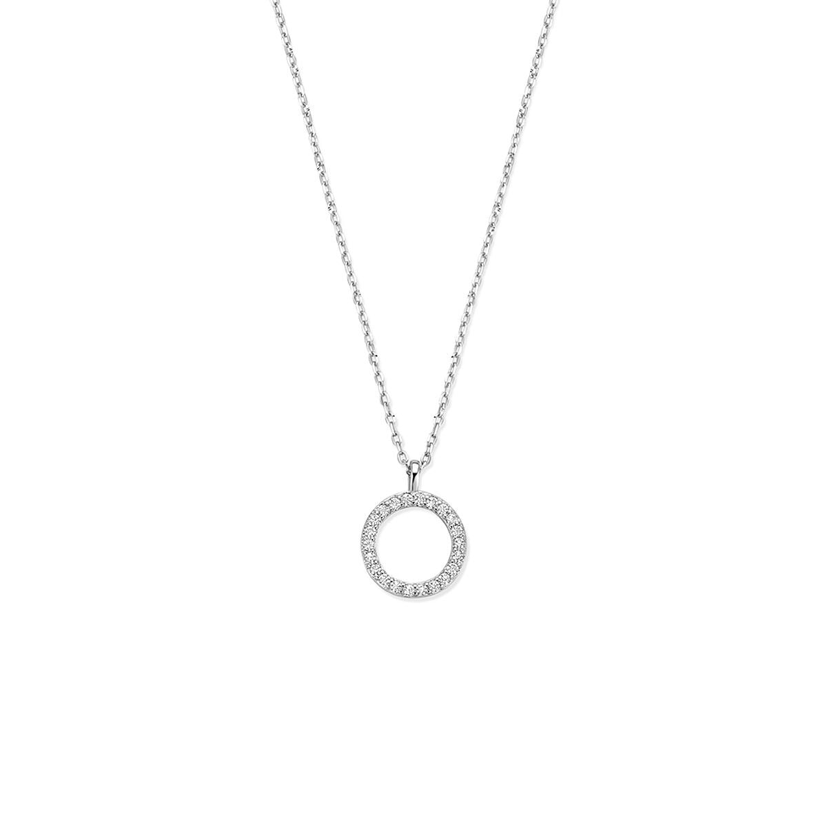 Zilveren collier met een ronde hanger bezet met zirkonia, verstelbaar van 41 tot 45 cm.
