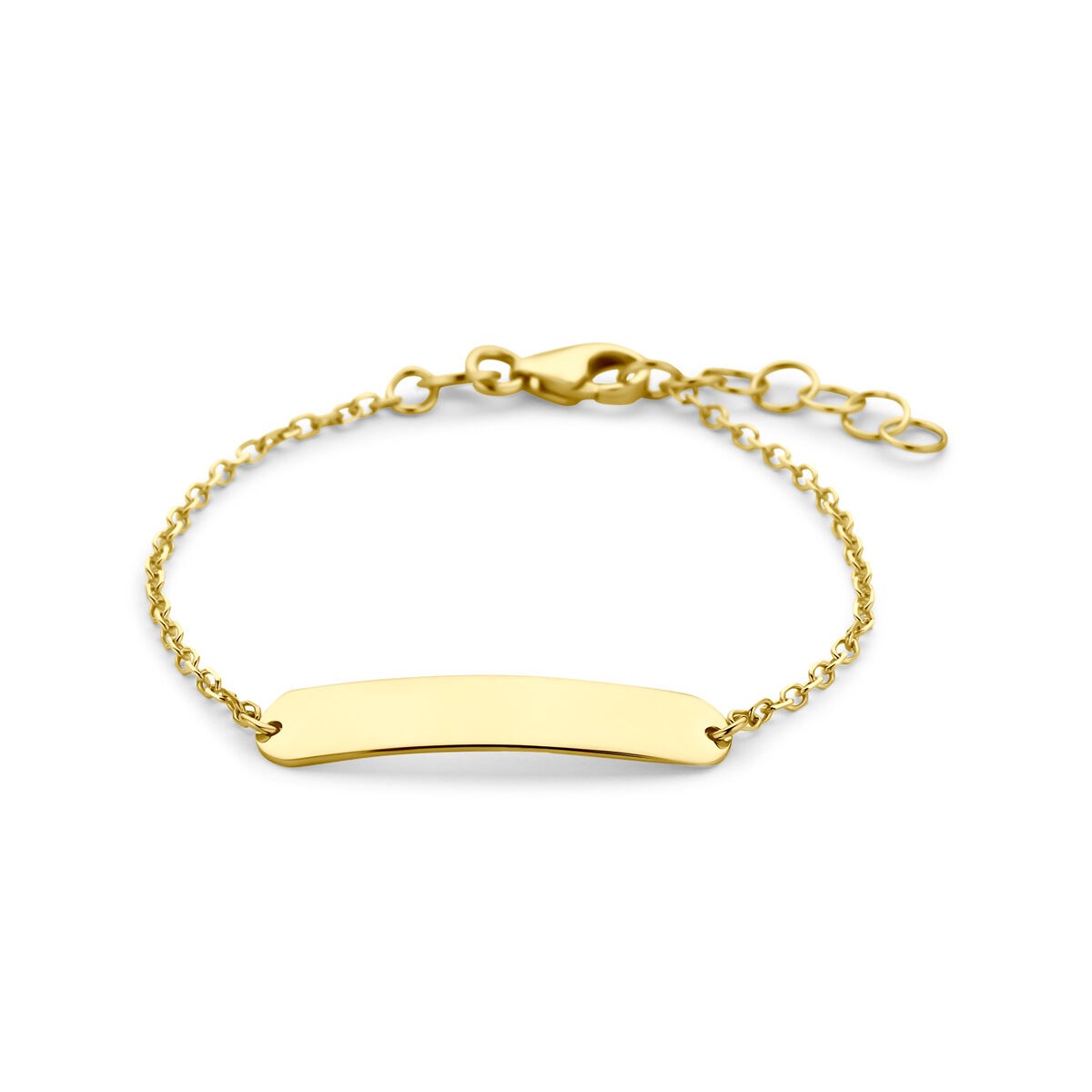 Geelgouden baby graveerarmband met een gladde, rechte plaat en een fijne schakelband.