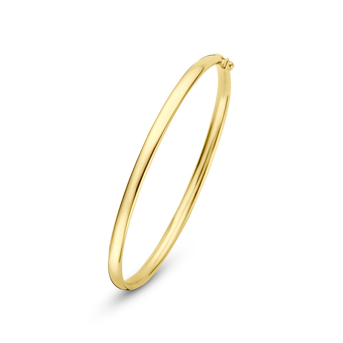 Geelgouden bangle van 14k met een breedte van 4 mm, eenvoudig en strak van ontwerp.