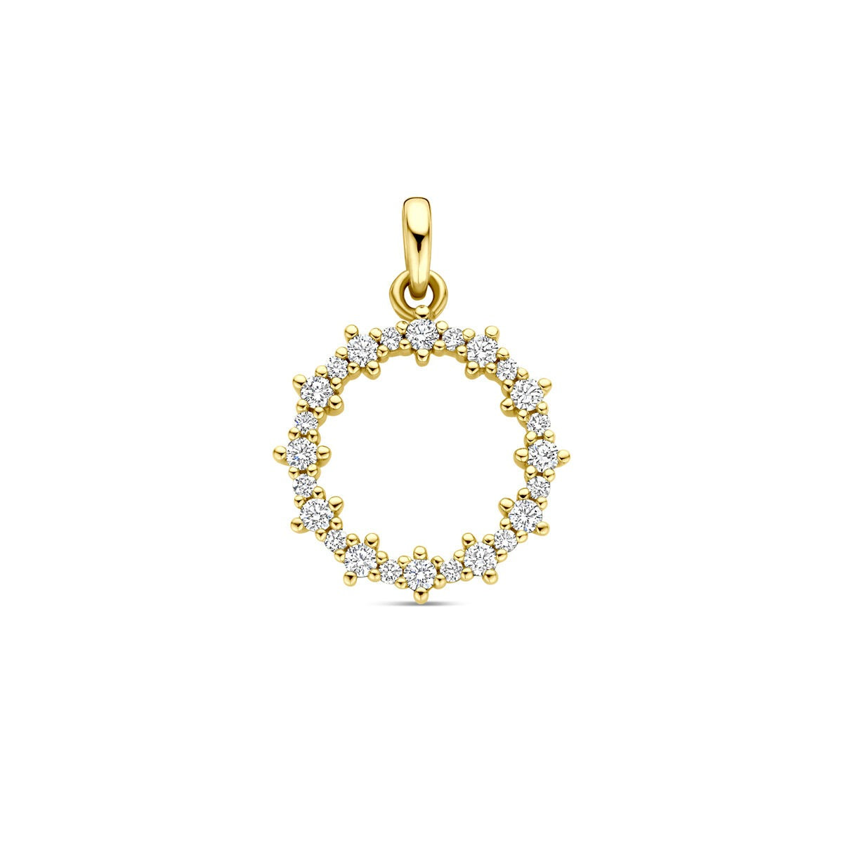 Geelgouden hanger in cirkelvorm met 0.25 ct diamanten, 18 mm hoog.