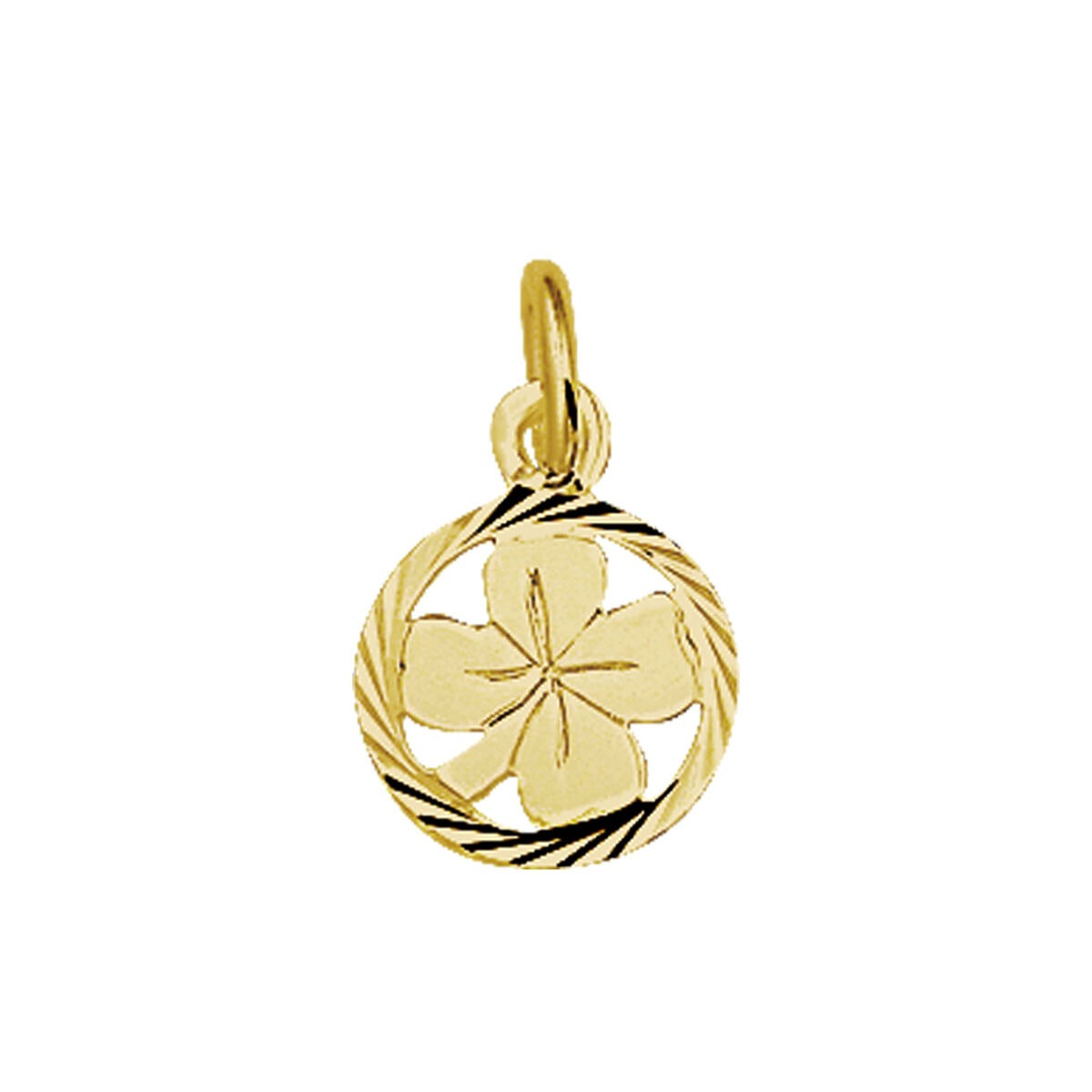 Gouden klaver hanger met een gegraveerd bloemmotief en een gedraaide rand.