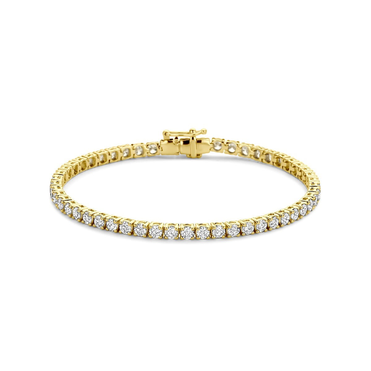 Geelgouden tennisarmband met 5.00ct lab grown diamanten, met een glanzende afwerking en een sluiting.