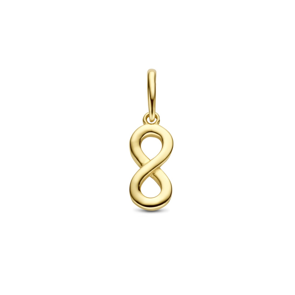 Geelgouden infinity hanger in de vorm van een liggende acht, met een glanzende afwerking.