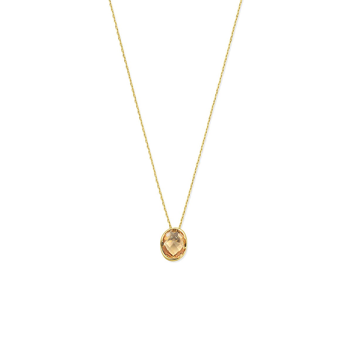 Geelgouden collier van 14k met een ovale citrien, verstelbare lengte van 41-45 cm.