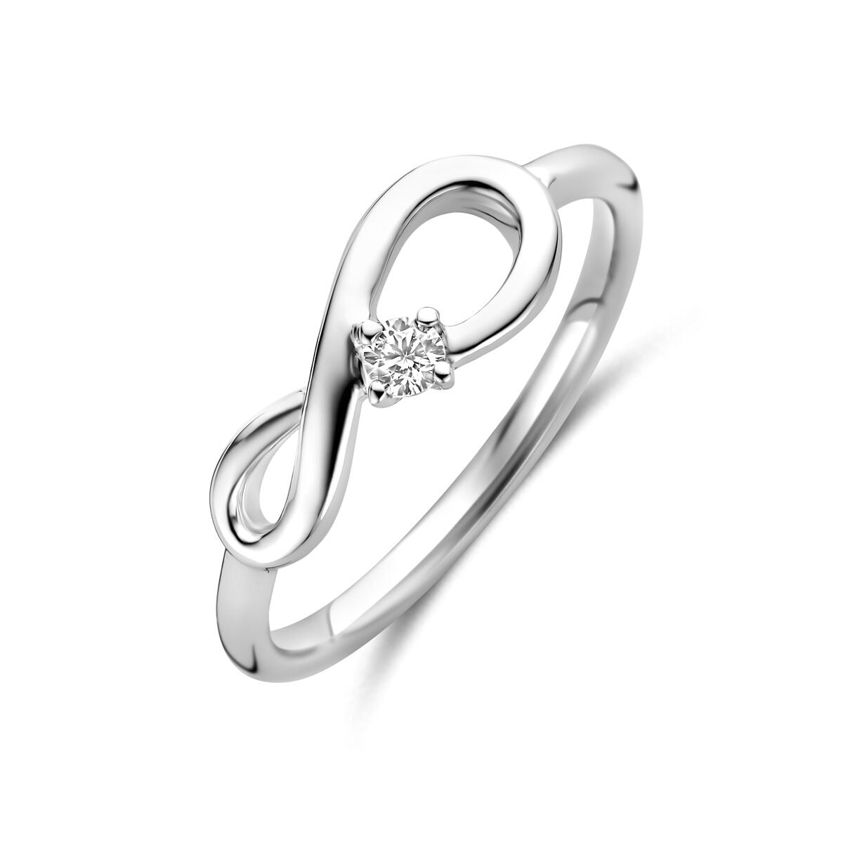 Gerhodineerde zilveren damesring met infinity-symbool en een zirkonia, 6,5 mm breed.