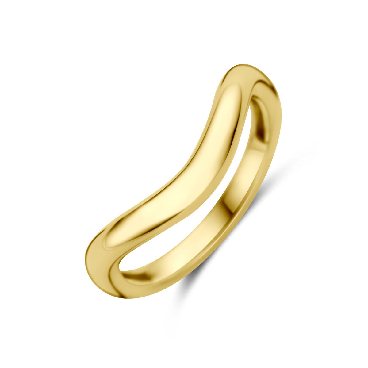 Geelgouden ring met een vloeiende, golvende vorm en een glanzende afwerking.