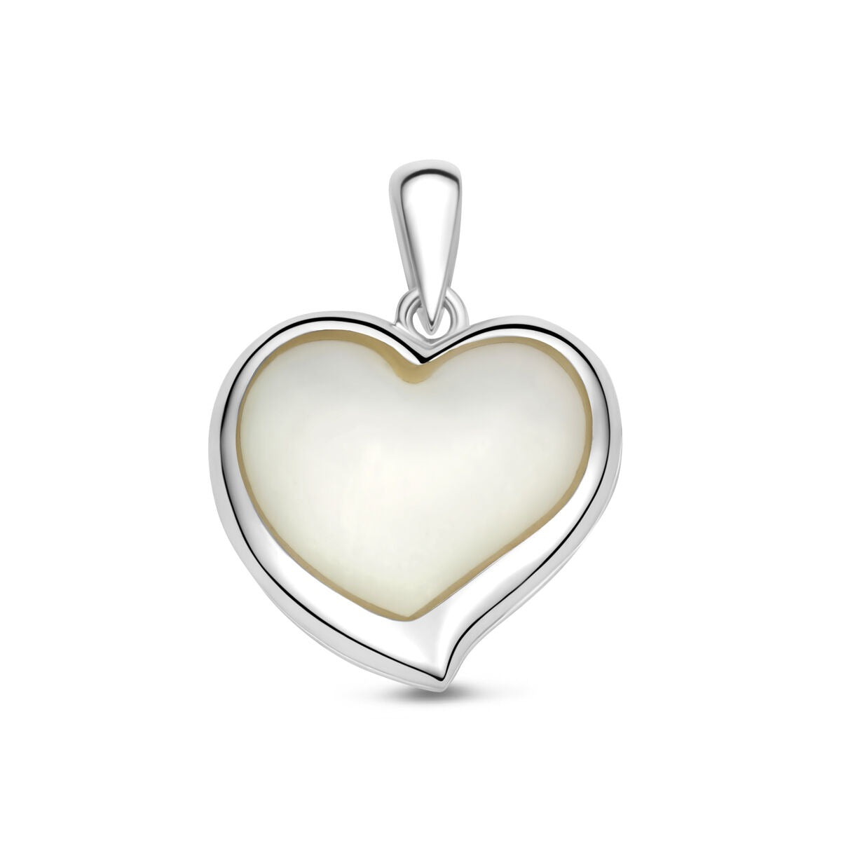 Hartvormig medaillon van gerhodineerd 925k zilver met een parelmoeren afwerking.