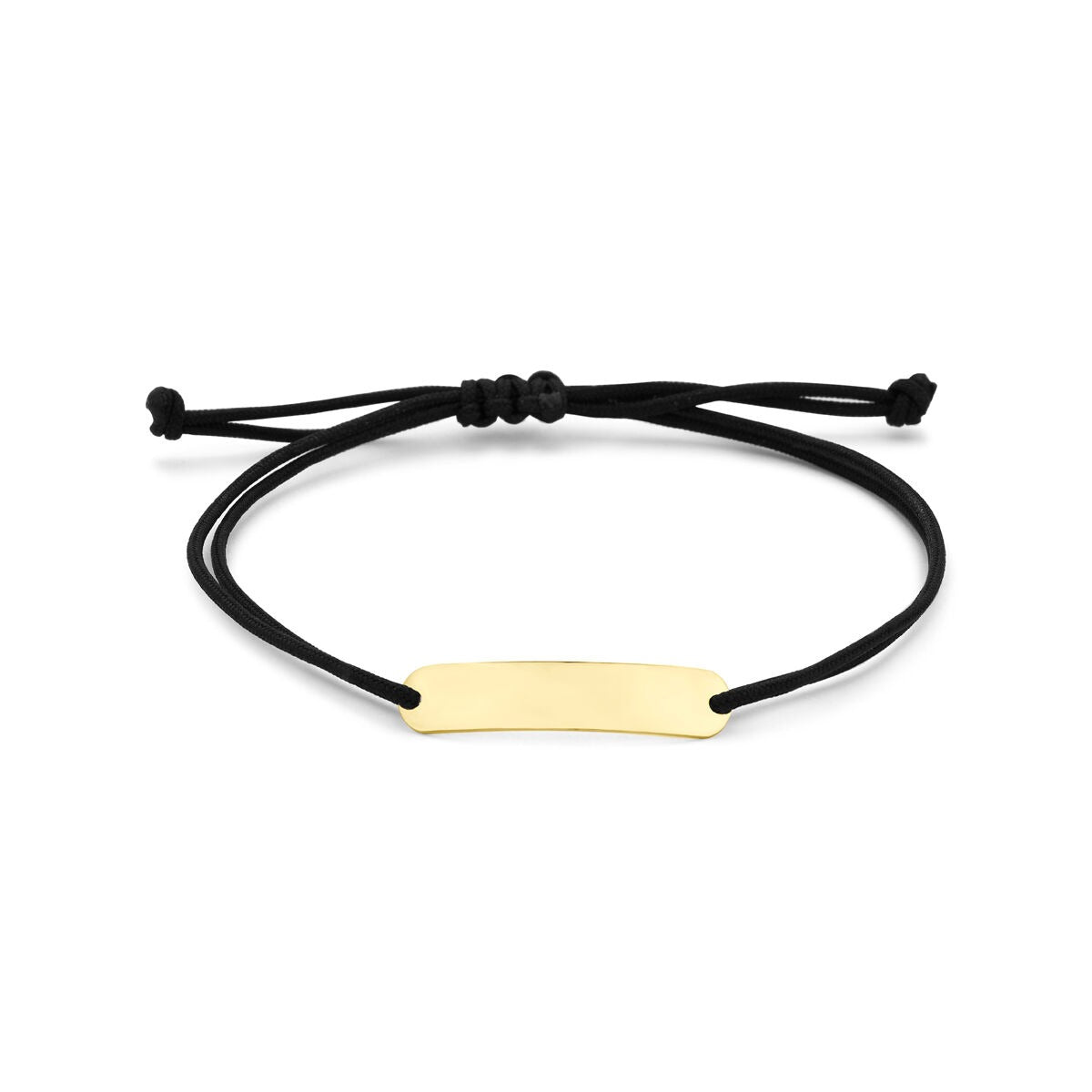 Geelgouden graveerarmband met een zwarte polyester band en een gladde, rechte plaat.