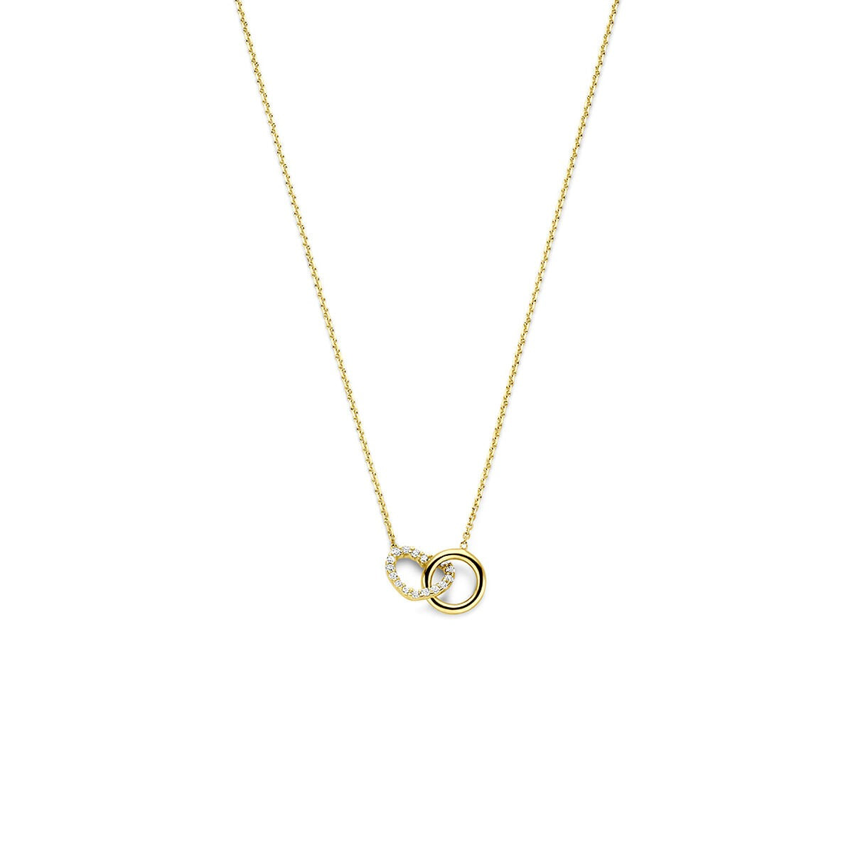 Gouden collier van 14k met een hartje en een zirkonia, subtiele schakelketting.