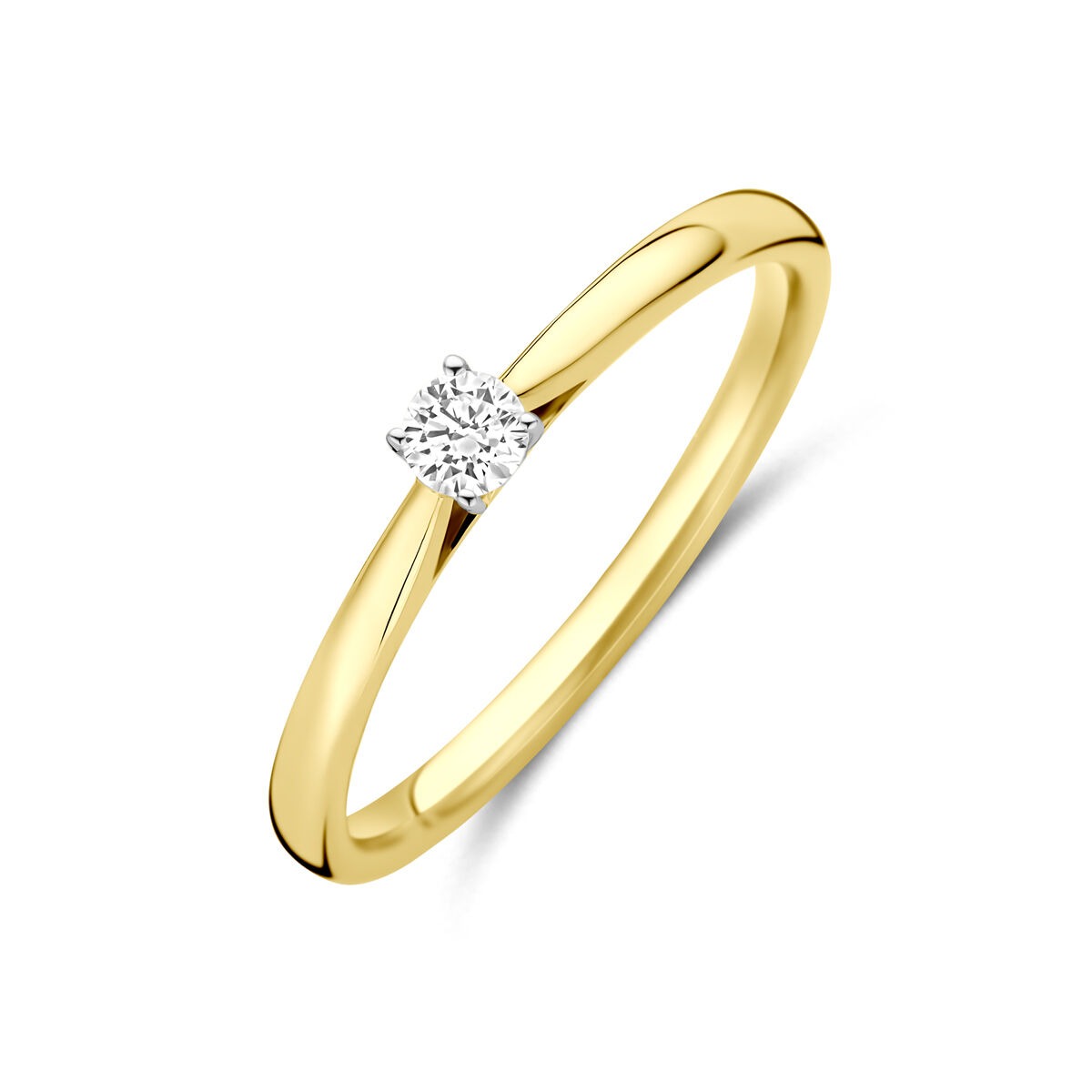 Bicolor geel- en witgouden ring met een 0.10ct lab grown diamant in een vierkante zetting.