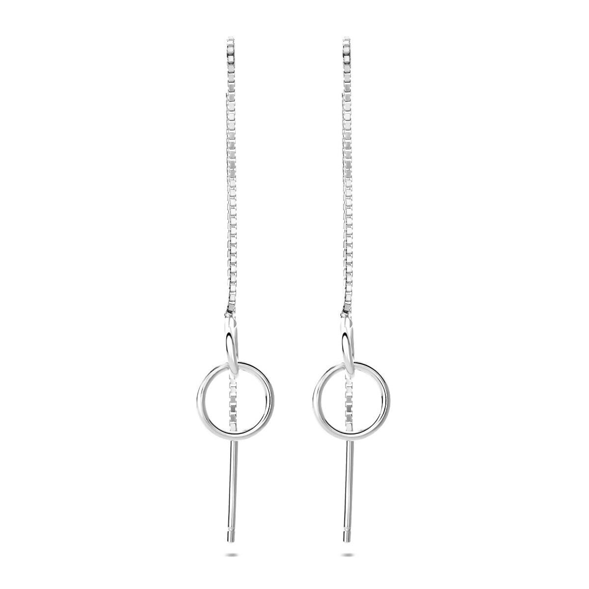 Gerhodineerde zilveren doortrekoorbellen met een lange ketting en een cirkelvormige hanger.