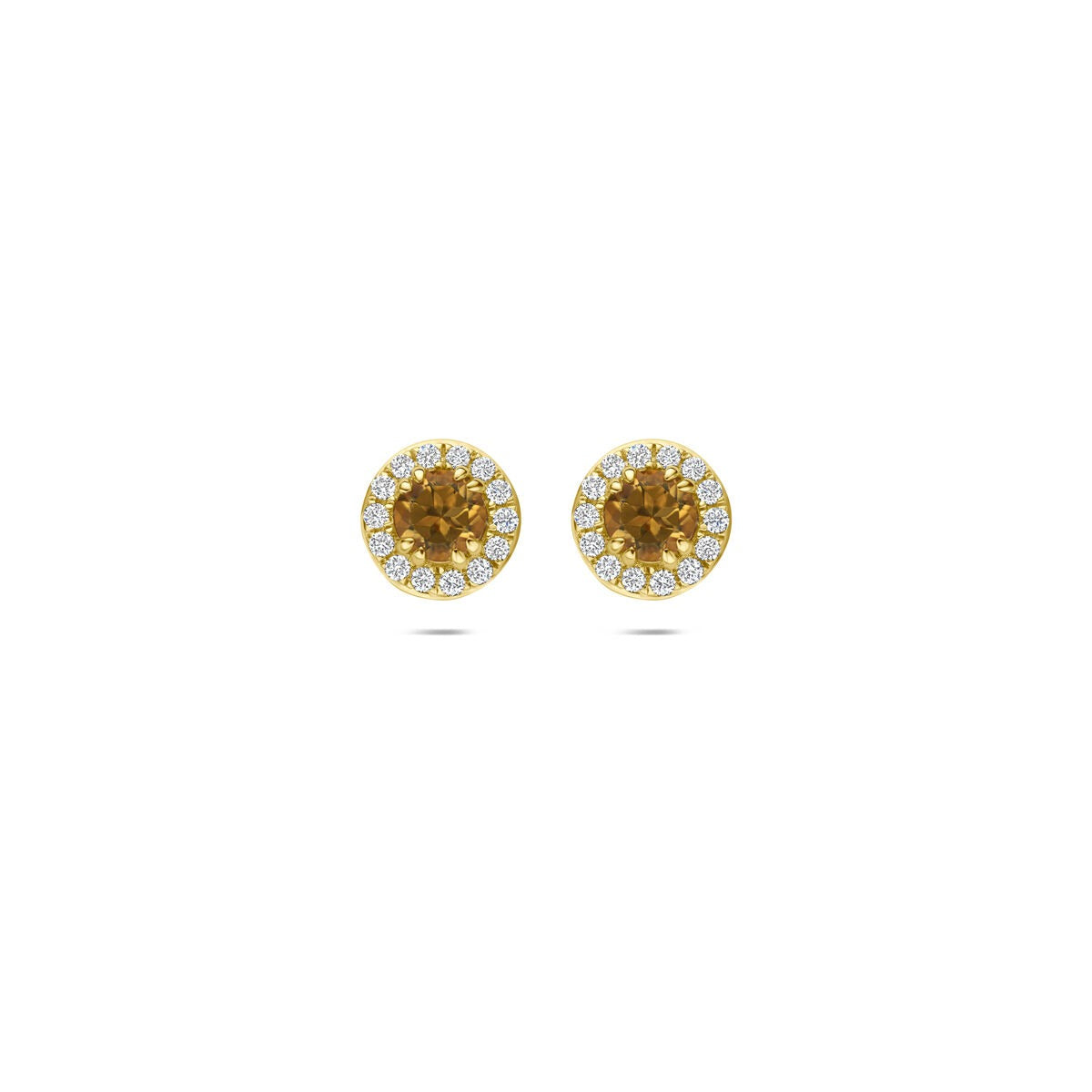 Geelgouden oorknoppen met een ronde citrien en een cirkel van lab grown diamanten.
