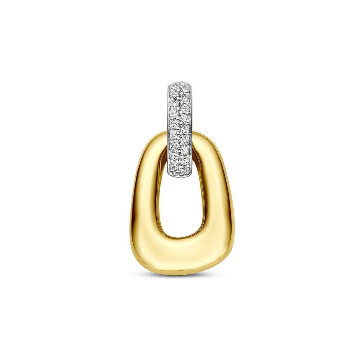 Bicolor gouden hanger met een glanzende, organische vorm en een diamant van 0,07 ct in de bovenste schakel.