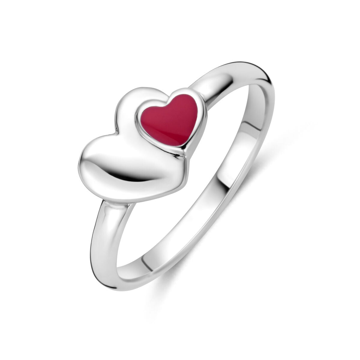 Zilveren kinder ring van gerhodineerd 925 zilver met een hartvormige bovenkant en een rood hartje.