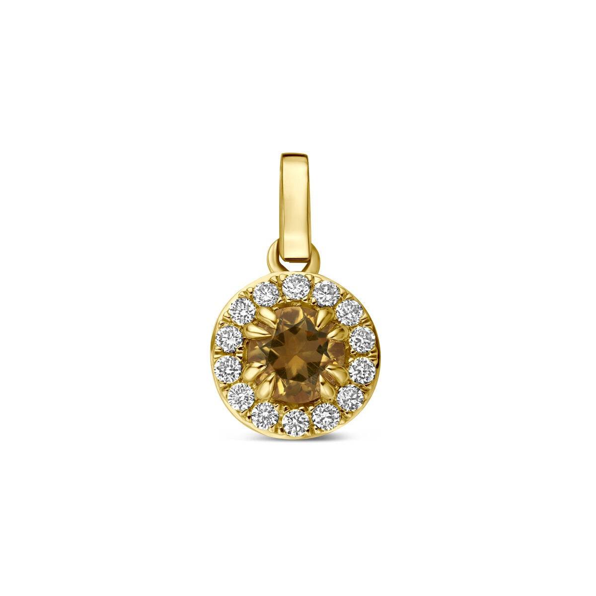 Geelgouden hanger met een ronde citrien in het midden, omringd door lab grown diamanten.