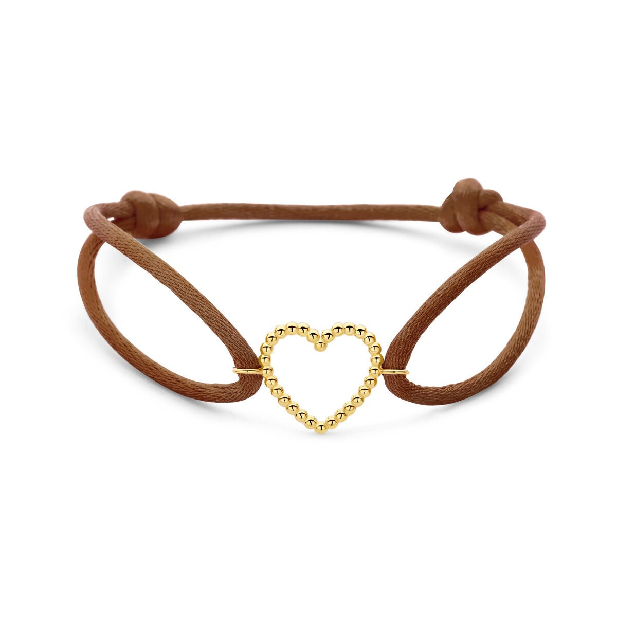 Bruine satijnen armband met een 14k gouden hartje in het midden.