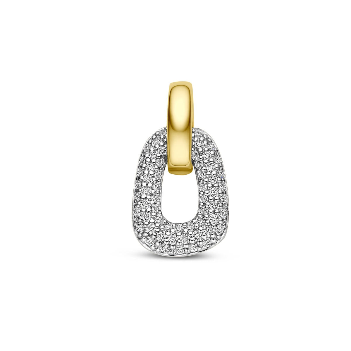 Bicolor gouden hanger van 14k met een glanzende, diamantachtige afwerking en een unieke ovale vorm.