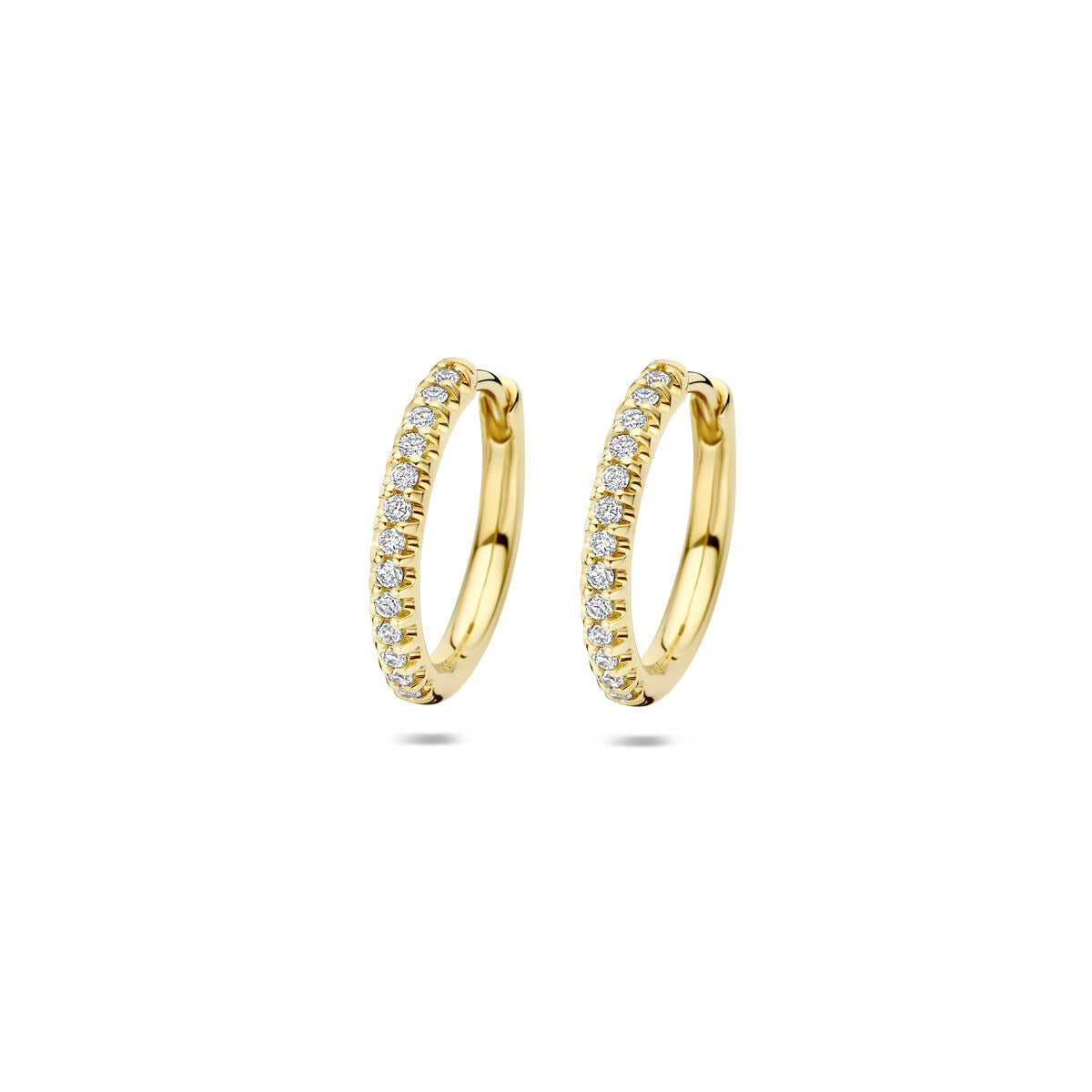 Geelgouden klapoorringen met lab grown diamanten, 14.5x2 mm, met een glanzende afwerking en een rij van steentjes.