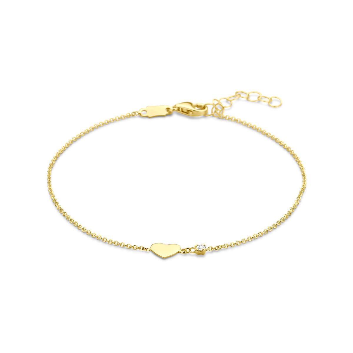 Geelgouden dames armband met een hartje en een diamant, verstelbaar van 16 tot 18 cm.
