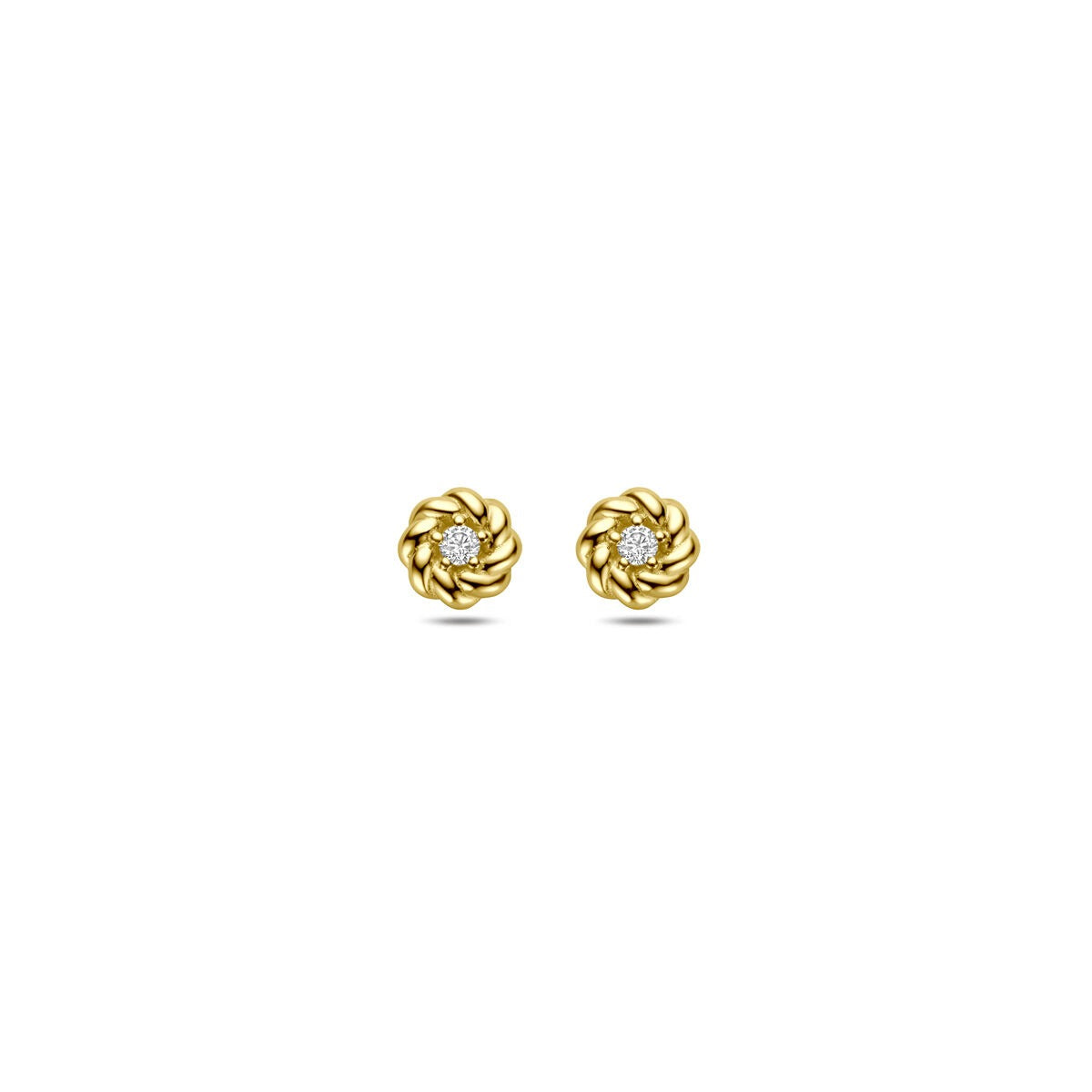Geelgouden dames oorknoppen met een bloemvorm en een zirkonia-steentje van 5 mm in het midden.