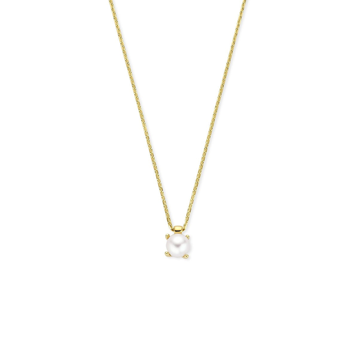 Geelgouden collier met een enkele parel als hanger aan een fijne ketting.