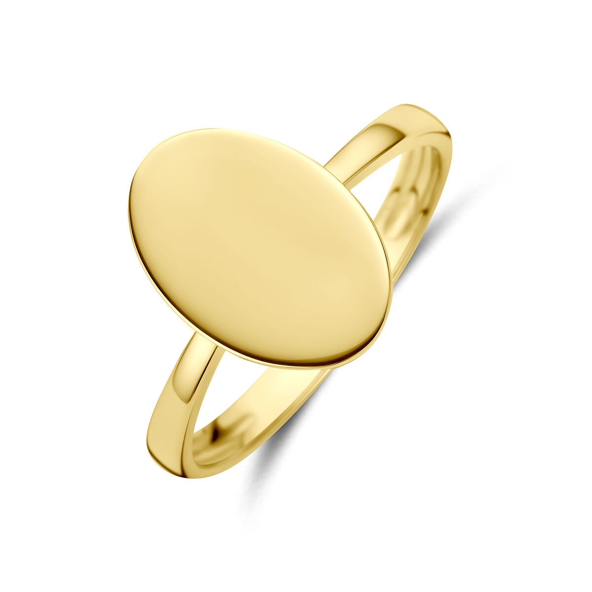 Geelgouden graveerring met een gladde, ovale bovenkant en een slanke band.
