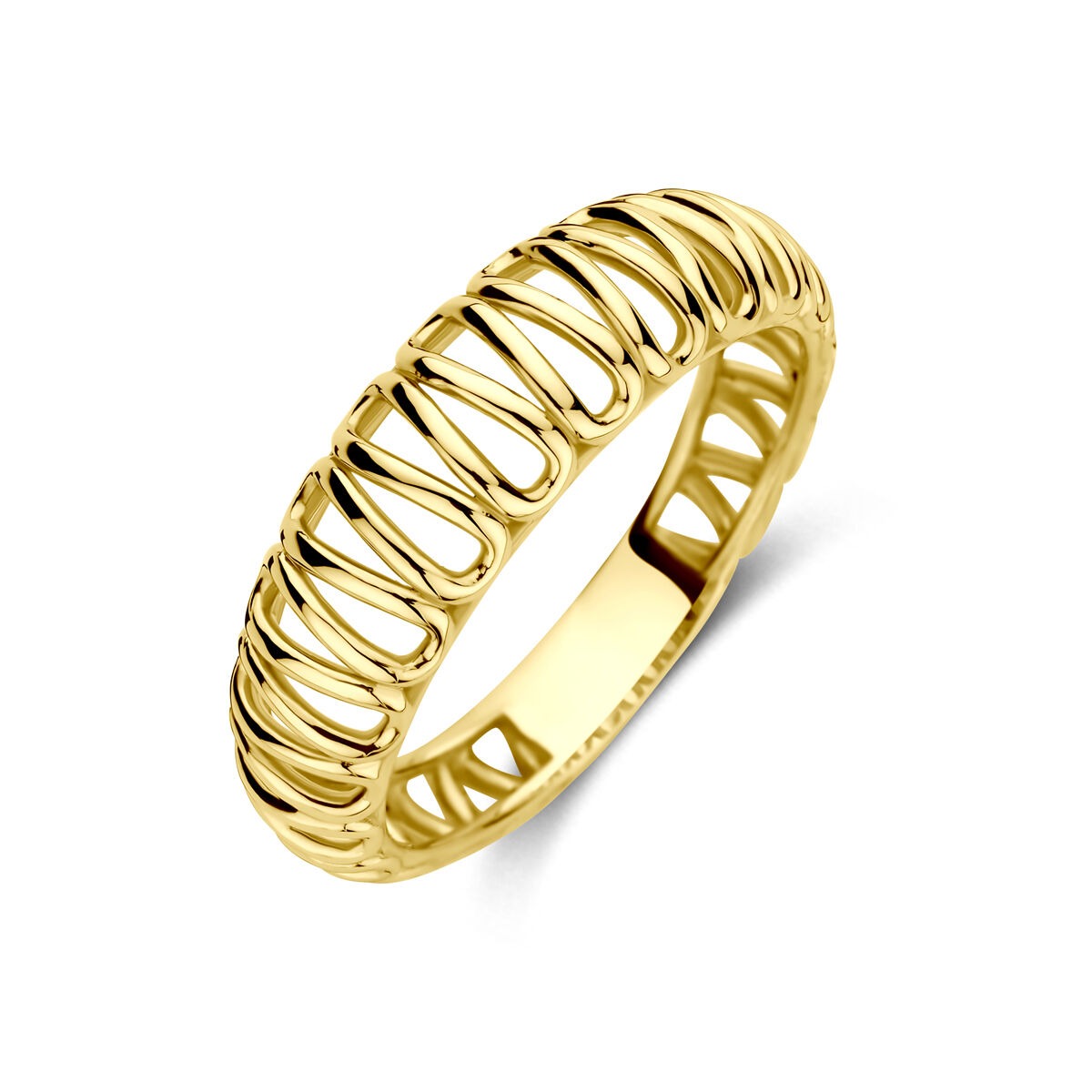Geelgouden ring van 14k met een 6mm brede, golvende structuur en opengewerkte details.