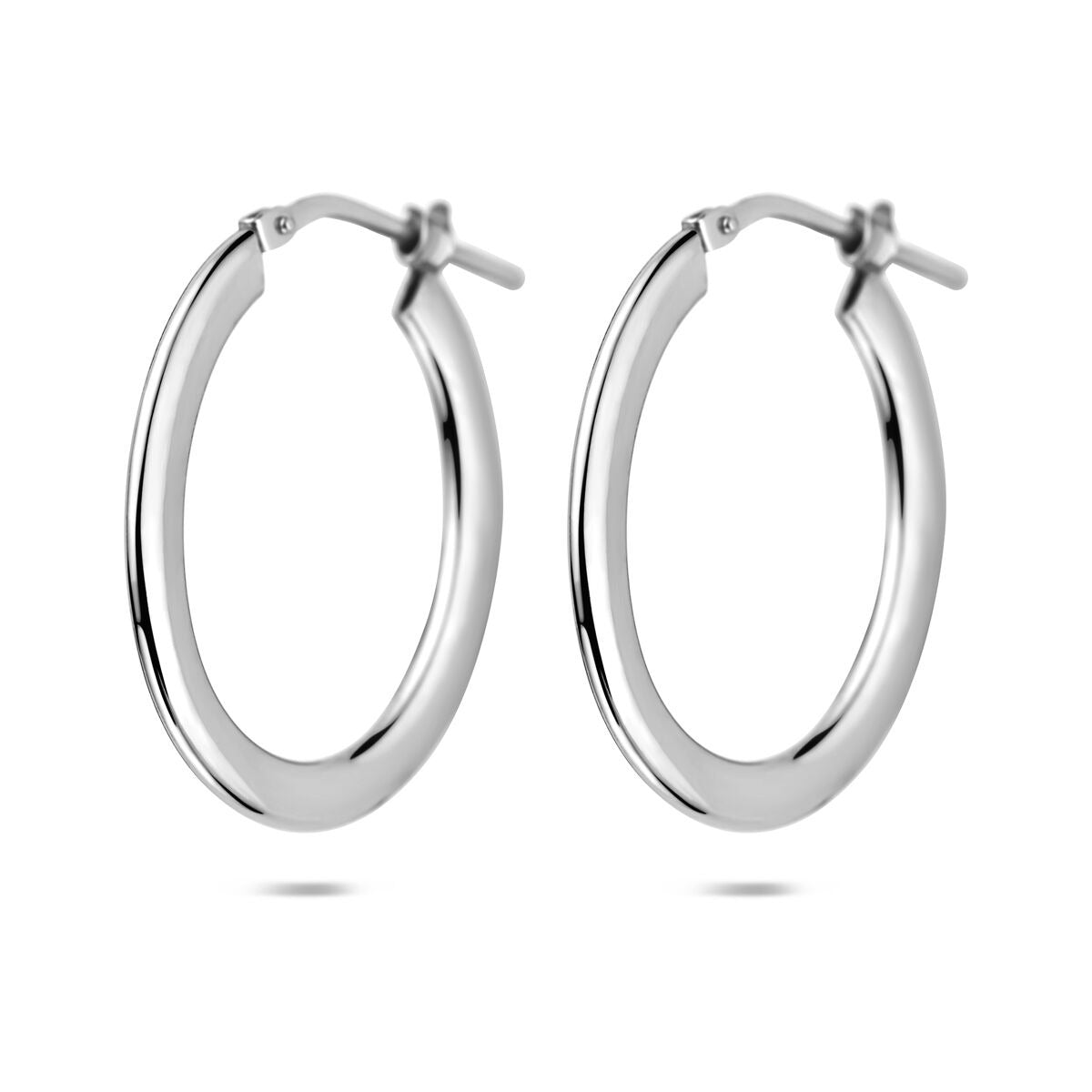 Zilveren oorringen met scharniersluiting in gerhodineerd 925 zilver, met een gladde, ronde vorm.