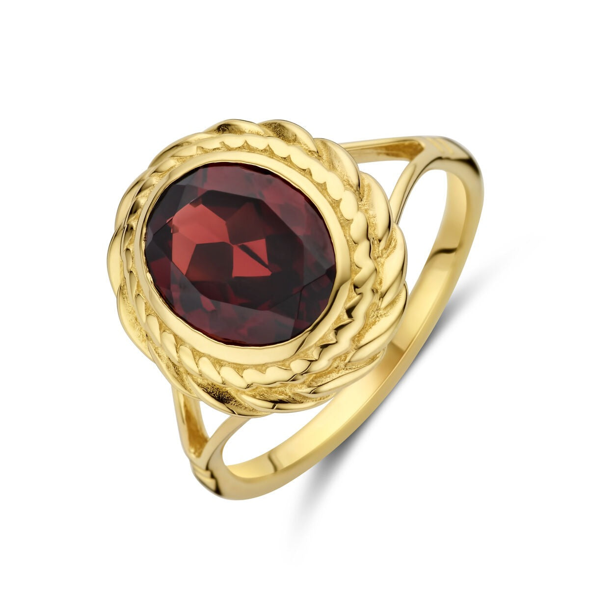 Gouden ring van 14k met een ovale granaat, omringd door een gedraaid ontwerp.