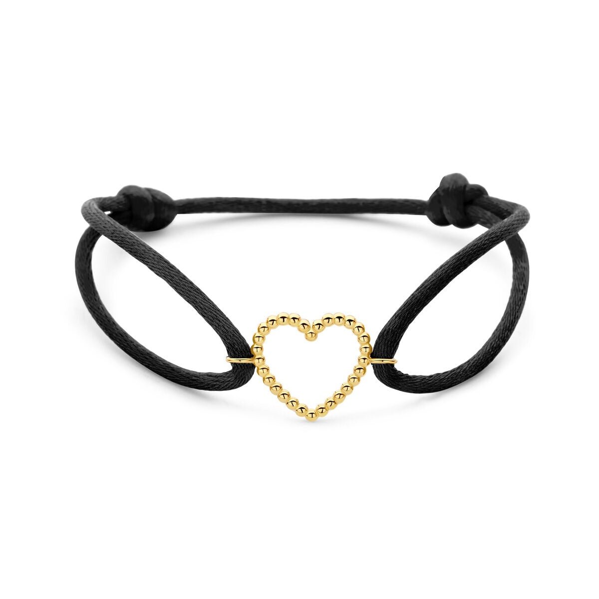 Zwart satijnen armband met een 14k gouden hartje in een geprofileerde vorm.