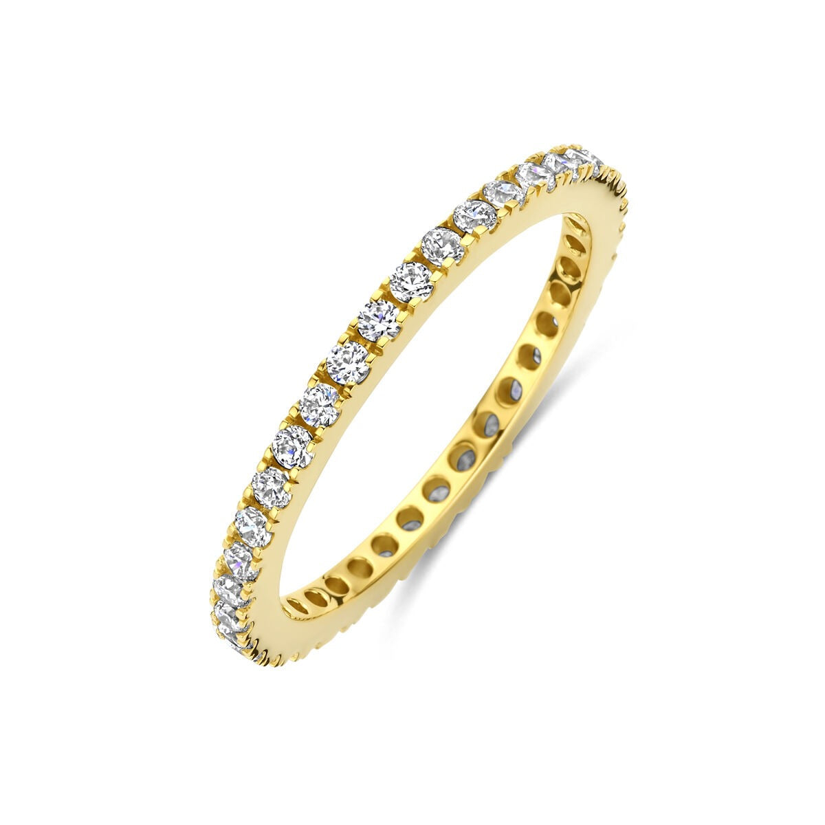 Vergulde 925 zilveren ring met een rij zirkonia steentjes aan de bovenkant.