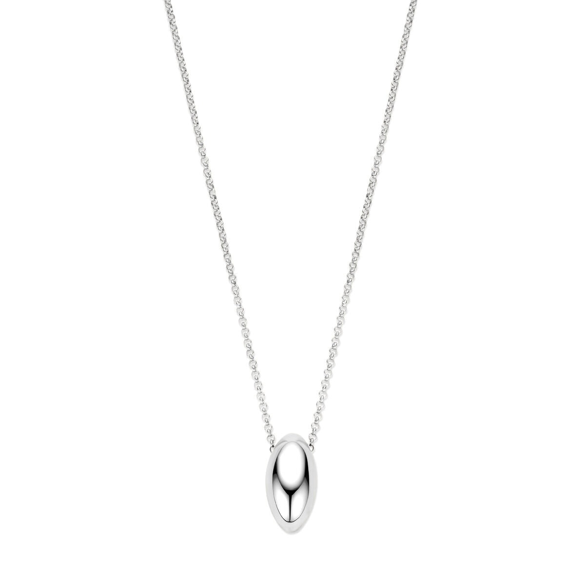 Zilveren gerhodineerd collier met anker schakels en een ovale hanger, lengte 41 + 4 cm.