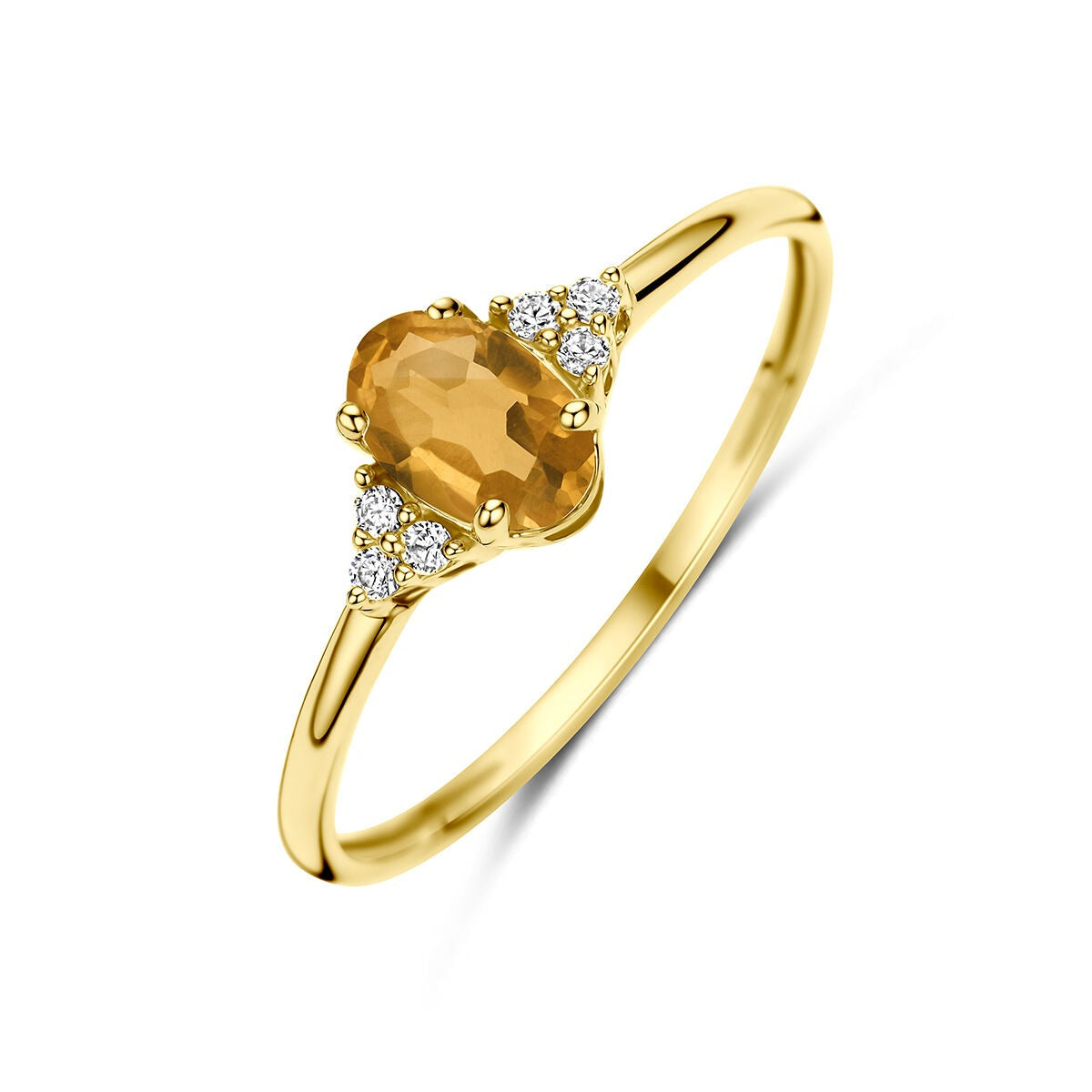 Geelgouden ring met een ovale citrien en zes zirkonia's aan de zijkanten.