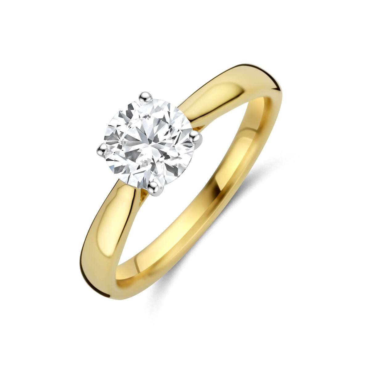 Bicolor damesring van 14k goud met een ronde, lab grown diamant van 1.00 ct.